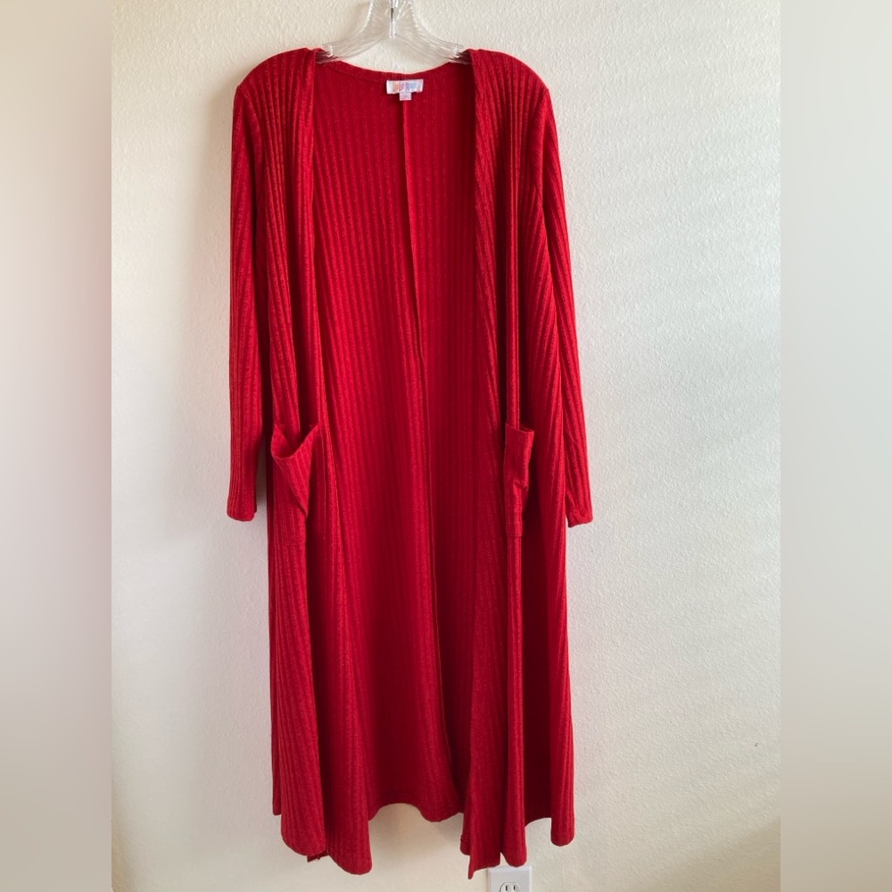 LuLaRoe Sarah Cardigan Size M Vibrant Red Long Duster Sweater
